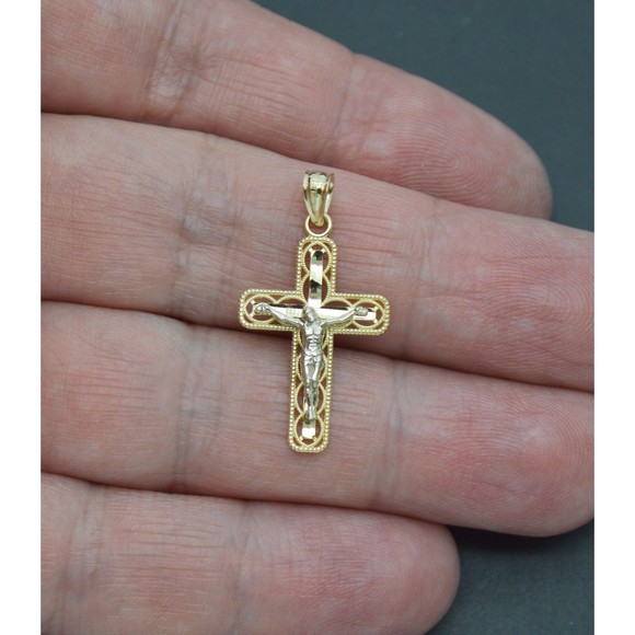 Real 10K Solid Yellow White Gold Diamond Cut Jesus Cross Pendant 1.1grams - Picture 3 of 6